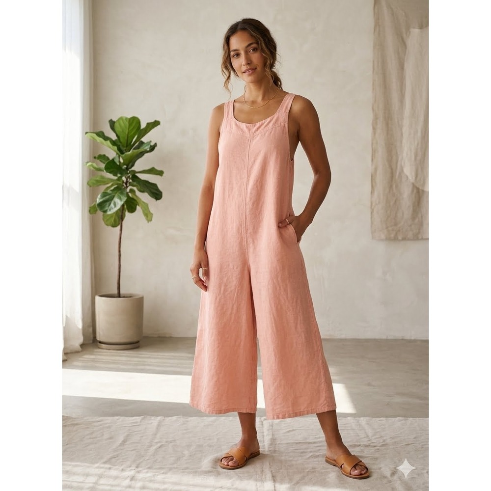 Haute Hippie Style Coral Pink Linen Blend Wide Leg Crop Jumpsuit Sz M Minimalist - Picture 10 of 13